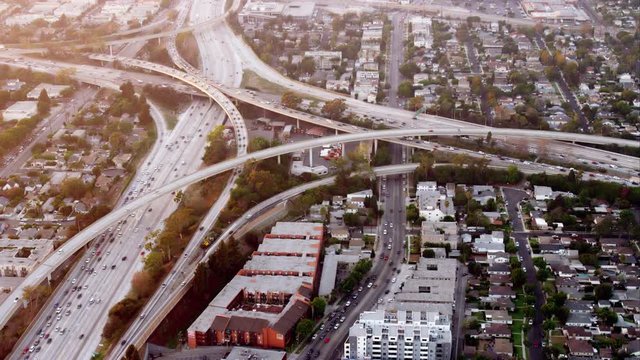 aerial view of the I405 and I10 freeway intersection, one of the original 'spaghetti junctions', RED R3D 4K