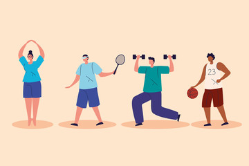 group people practicing exercise avatar characters vector illustration design