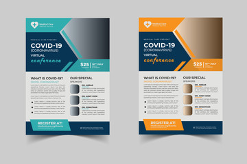 Coronavirus and Covid 19 virtual Conference Flyer Template Design with a4 size,Flyer design for Covid-19 Coronavirus concept, COVID-19 dangerous virus flyer poster brochure
