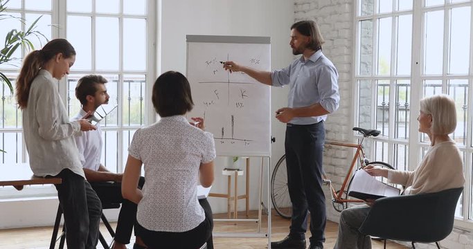 Confident smart male business trainer coach teacher tutor standing near whiteboard, conducting educational presentation seminar workshop to focused interested diverse colleagues employees in office.