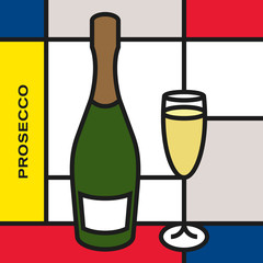 Prosecco bottle with Prosecco glass. Modern style art with rectangular shapes. Piet Mondrian style pattern.