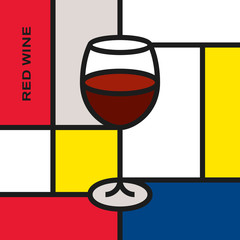 Red wine glass. Modern style art with rectangular shapes. Piet Mondrian style pattern.