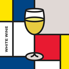 White wine glass. Modern style art with rectangular shapes. Piet Mondrian style pattern.