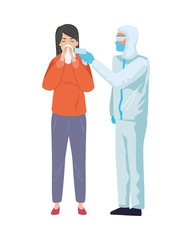 worker using biosafety suit with thermometer and woman
