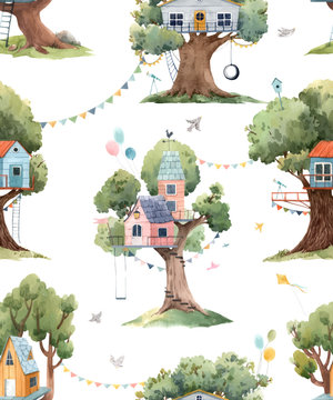 Beautiful vector seamless pattern with cute watercolor children tree houses. Stock illustration.