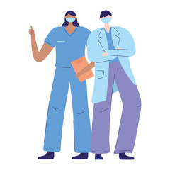 thanks doctors nurses, female nurse and male physician with protective mask medical and report