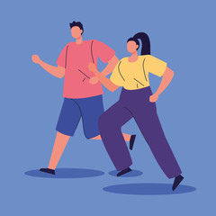 couple running sport avatar characters vector illustration design