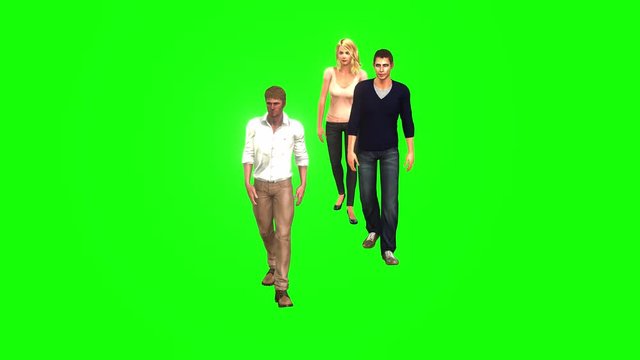 4k 3d animation three avatar characters, two men and one woman walking , staggering and fighting off the coronavirus, on a green background.