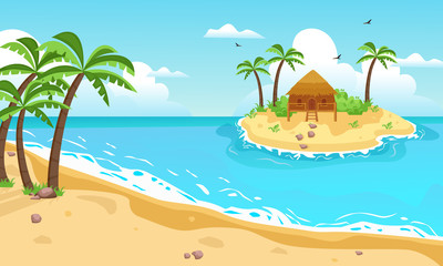 Fototapeta na wymiar Tropical island with cottage. Yellow sandy beach with palm trees, in center an exotic islet with brown bungalows, sky with clouds and seagulls, blue ocean, bay with waves. Vector graphics flat.