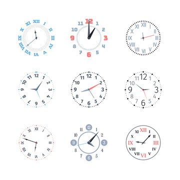 Clock time set. Dial with roman and arabic numerals of round shape, wall and hand chronometer with classic and modern style of clock hands, numbers, stopwatch in color design. Vector graphics.