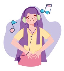 girl with mp3 and headphone listening music notes