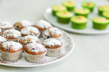 Plate with freshly baked sweet muffins. Sweet pastries, recipes, cooking