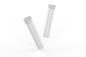 Blank Plastic Health Aid Supplement Vitamin Round Dissoluble Pills Tablet Tube Bottle With Desiccant Spring Cap Packaging for branding and mock up On White Background, 3d render illustration.