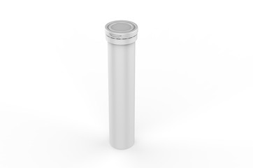 Blank Plastic Health Aid Supplement Vitamin Round Dissoluble Pills Tablet Tube Bottle With Desiccant Spring Cap Packaging for branding and mock up On White Background, 3d render illustration.