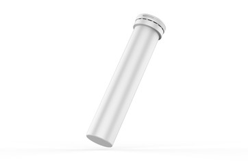 Blank Plastic Health Aid Supplement Vitamin Round Dissoluble Pills Tablet Tube Bottle With Desiccant Spring Cap Packaging for branding and mock up On White Background, 3d render illustration.