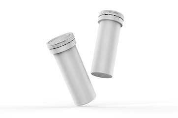 Blank Plastic Health Aid Supplement Vitamin Round Dissoluble Pills Tablet Tube Bottle With Desiccant Spring Cap Packaging for branding and mock up On White Background, 3d render illustration.
