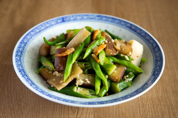 stir fried of eggplant, lady finger and long bean