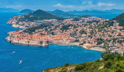 A panoramic view of the old and modern parts of the city of Dubrovnik, Croatia, looking north along the Dalmatian coast and Adriatic Sea.