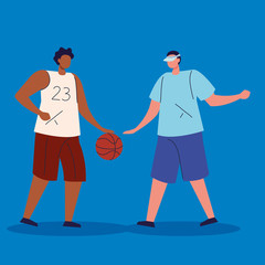 men playing basketball avatar character vector illustration design