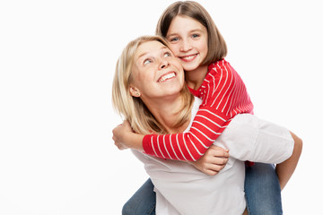 Daughter teenager and mother laugh and hug. Love and support in family relationships. White...