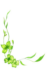 Hand painted green watercolor leaves decorative ornament isolated on the white background - corner