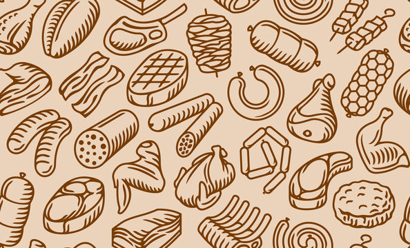 Meat and meat products seamless pattern for butchers, restaurans, cafe, groceries.