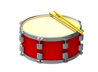 Red drum with yellow sticks. Musical instrument. 3D Illustration.