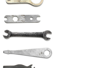 Group of old wrench tools isolated on white background 