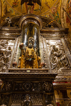La Moreneta virgin, Montserrat monastery on mountain in Barcelona, Catalonia.