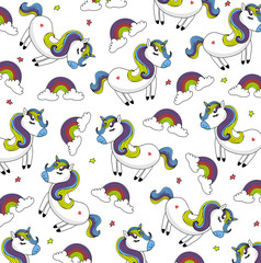 Vector pattern with cute unicorns. greeting card, Vector pattern with cute cartoon unicorns. Wrapping paper or fabric.