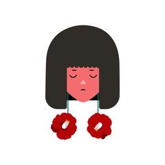 Head of a girl with a fashionable haircut on in vector flat style. Hand-drawn earrings in the idea of the flowers of Japanese camellia. Logo for packaging. Isolated on a white background.