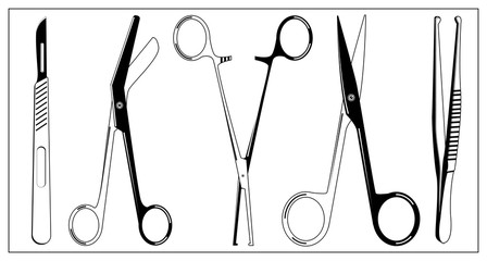 Vector illustration with outlines of Surgical Instrument. Scalpel, clamp, scissors, tweezers. For web, logo, app, UI