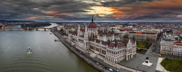 Budapest, Hungary - Aerial panoramic drone view of the beautiful Hungarian Parliament building with...