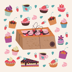 Kraft box with a cake. Vector illustration on a light background.