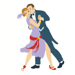 Illustration of couple dancing the tango on a white background. The woman is wearing a purple and red flapper dress and the man is wearing a tuxedo. Roaring twenties party dance.