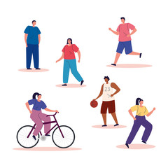 group people practicing exercise avatar characters vector illustration design