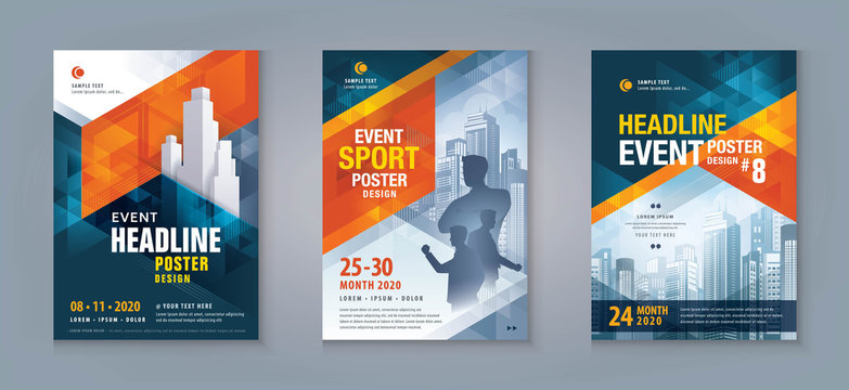 Business Flyer Poster Design Set. Layout Template, Abstract Red and Blue Geometric Triangle
