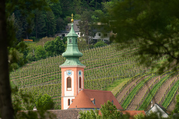 Church of Kahlenbergerdorf as seen from the Danube in springtime