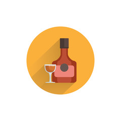 Cognac bottle with glass colorful flat icon with long shadow. Cognac flat icon