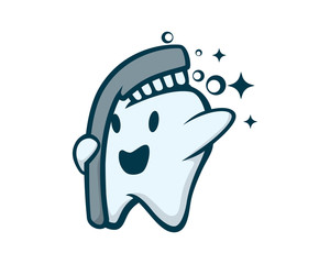 Cute Tooth Mascot with Toothbrush Illustration