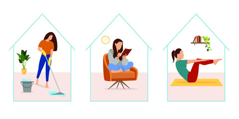 Fototapeta premium Stay home concept. Girl cleaning home,reading book, doing yoga. Set of vector illustrations, flat style