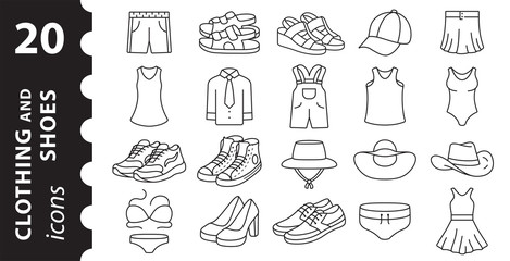 Clothing and shoes linear icons in the vector. Symbols in a simple flat style.