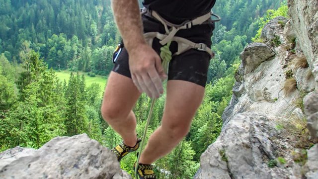 rock climber man reach top mountain. Motivation , reaching goal, target concept