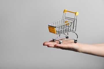 Hand holding shopping cart on a light background. Concept of buy shopping cart, online shopping,...