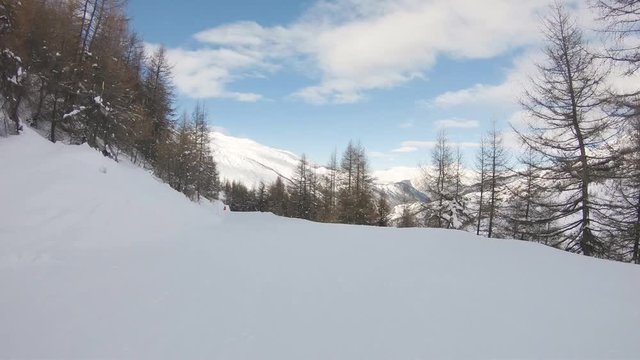 View of an empty ski slope on the shadow side, push in