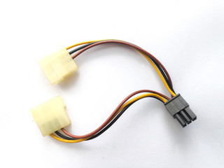 The power supply cord and adapter. It can convert large 4 pin to small 4 pin. Small 4 pin is mainly used on the display card.