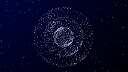 Abstract 3d sphere. Mesh of sphere with points and lines on dark background. Science and technology. 3d rendering.