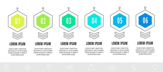 Hexagon infographic design template with 6 options and arrows. Vector line business concept. Can be used for diagram, web, banner, workflow layout, presentation, info graph, timeline, content, levels.