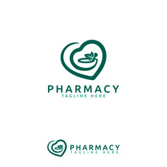 pharmacy logo with love, leaves, mortar and pestle vector image. Best  for any business especially for healthcare and medical.