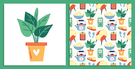 Set of different cute lifestyle items. My house my rules. Cosy home. Plants, popcorn, Cute little blue kettle. Candle. Postcard. Flat colourful vector illustration, art isolated on green background.